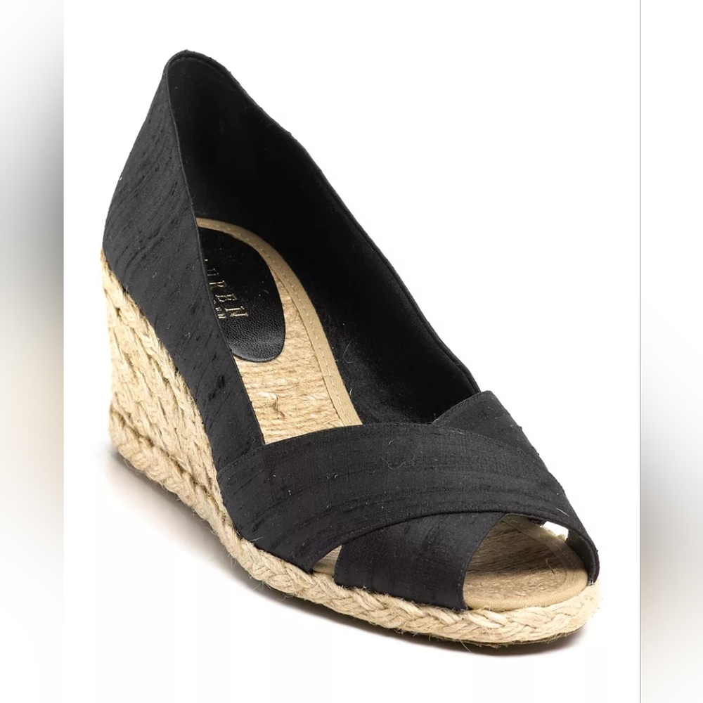 Lauren Ralph Lauren Cecilia Black Shantung Silk Mid Wedge Espadrilles Size 8.5